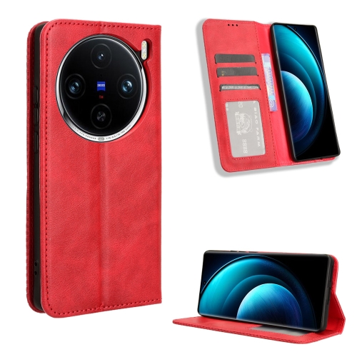 

For vivo X100 Pro 5G Magnetic Buckle Retro Texture Leather Phone Case(Red)