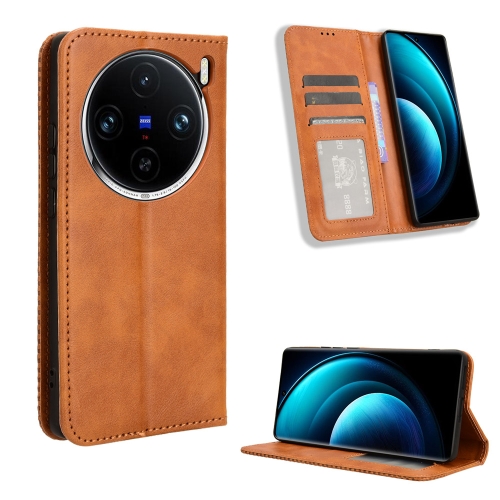 

For vivo X100 Pro 5G Magnetic Buckle Retro Texture Leather Phone Case(Brown)