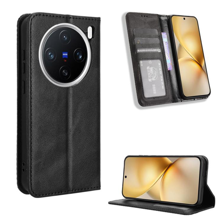 

For vivo X200 5G Magnetic Buckle Retro Texture Leather Phone Case(Black)