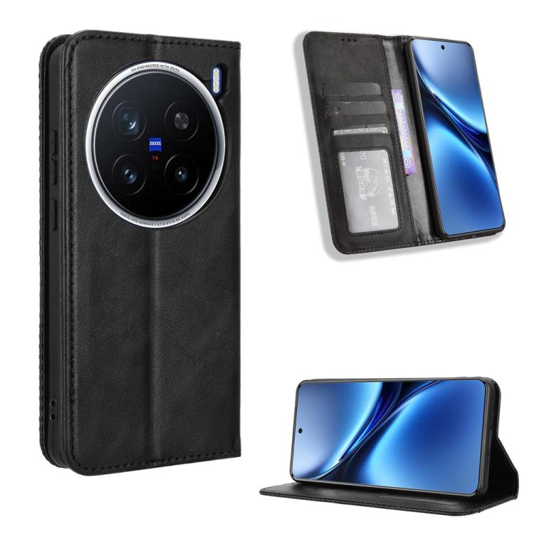 

For vivo X200 Pro 5G Magnetic Buckle Retro Texture Leather Phone Case(Black)