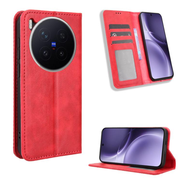 

For vivo X300 Pro Magnetic Buckle Retro Texture Leather Phone Case(Red)
