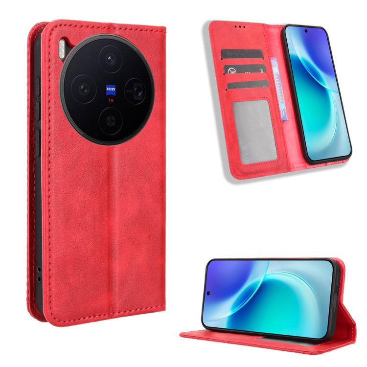 

For vivo X300 Magnetic Buckle Retro Texture Leather Phone Case(Red)