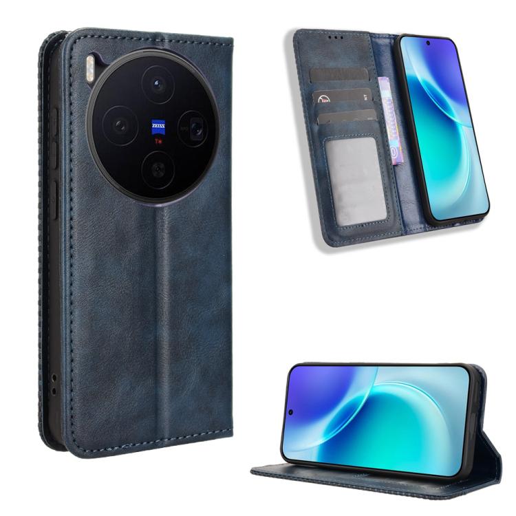 

For vivo X300 Magnetic Buckle Retro Texture Leather Phone Case(Blue)