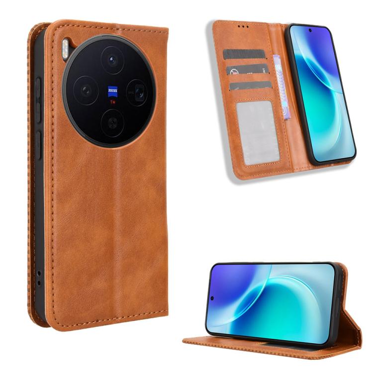 

For vivo X300 Magnetic Buckle Retro Texture Leather Phone Case(Brown)