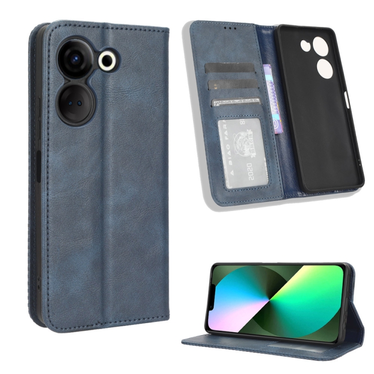 

For Tecno Camon 20 Pro Magnetic Buckle Retro Texture Leather Phone Case(Blue)
