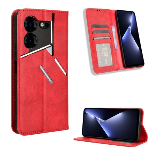 

For Tecno Pova 5 Pro LH8n Magnetic Buckle Retro Texture Leather Phone Case(Red)