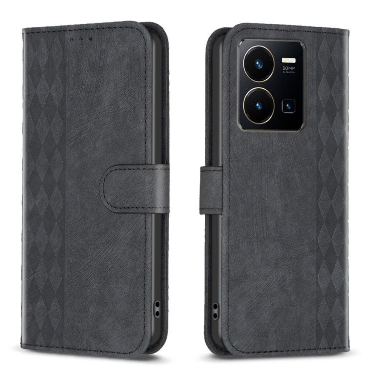 

For vivo Y35 4G / Y22s Plaid Embossed Leather Phone Case(Black)