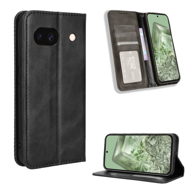 

For Google Pixel 8a Magnetic Buckle Retro Texture Leather Phone Case(Black)