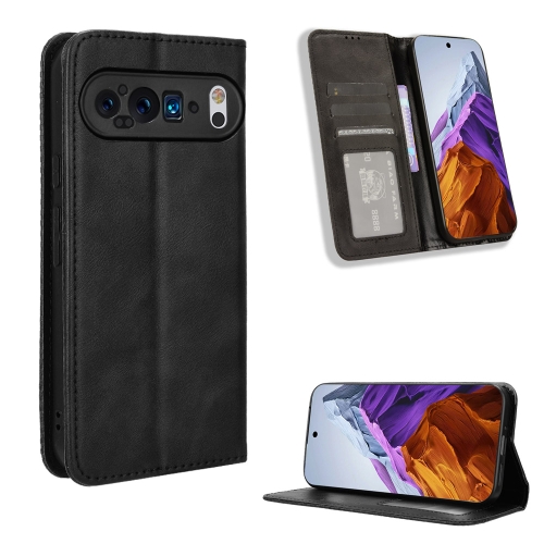 For Google Pixel 9 Pro Magnetic Buckle Retro Texture Leather Phone Case(Black)