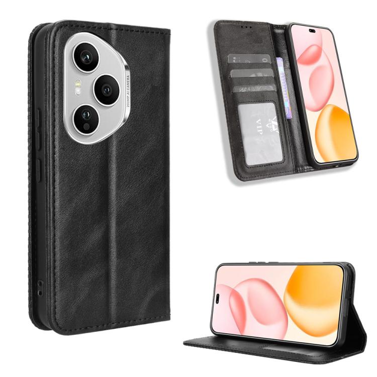 

For Honor 400 Pro Global 160.8mm Magnetic Buckle Retro Texture Leather Phone Case(Black)