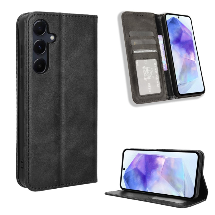 

For Samsung Galaxy A55 5G Magnetic Buckle Retro Texture Leather Phone Case(Black)