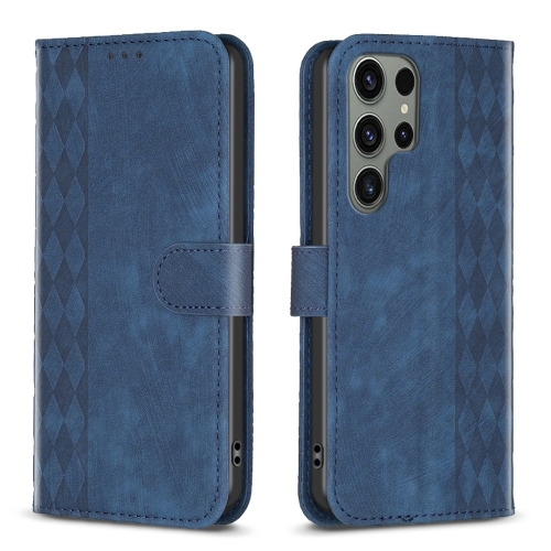 For Samsung Galaxy S23 Ultra 5G Plaid Embossed Leather Phone Case(Blue)