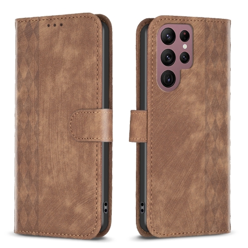 

For Samsung Galaxy S22 Ultra 5G Plaid Embossed Leather Phone Case(Brown)