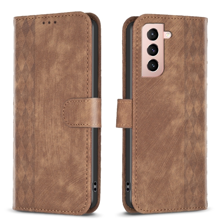 

For Samsung Galaxy S21 5G Plaid Embossed Leather Phone Case(Brown)