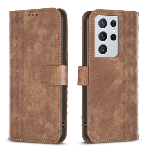 

For Samsung Galaxy S21 Ultra 5G Plaid Embossed Leather Phone Case(Brown)