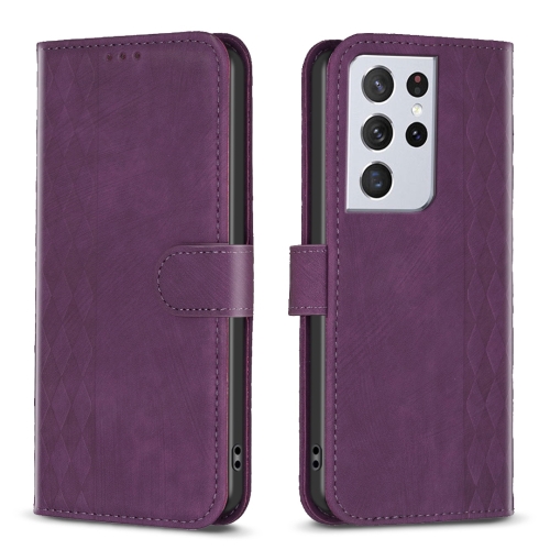 

For Samsung Galaxy S21 Ultra 5G Plaid Embossed Leather Phone Case(Purple)