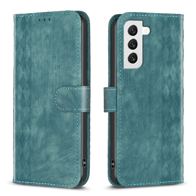 

For Samsung Galaxy S21 FE 5G Plaid Embossed Leather Phone Case(Green)