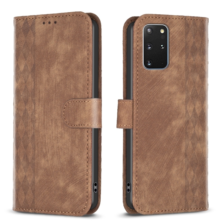 

For Samsung Galaxy S20+ Plaid Embossed Leather Phone Case(Brown)