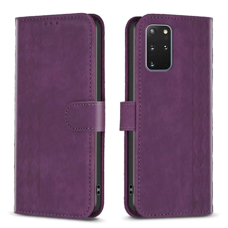 

For Samsung Galaxy S20+ Plaid Embossed Leather Phone Case(Purple)