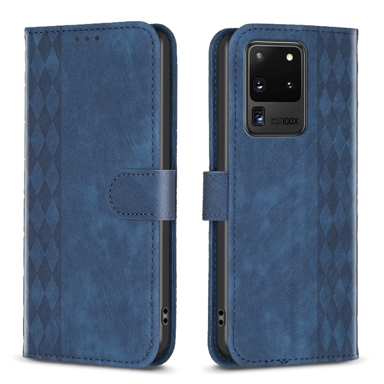 

For Samsung Galaxy S20 Ultra Plaid Embossed Leather Phone Case(Blue)