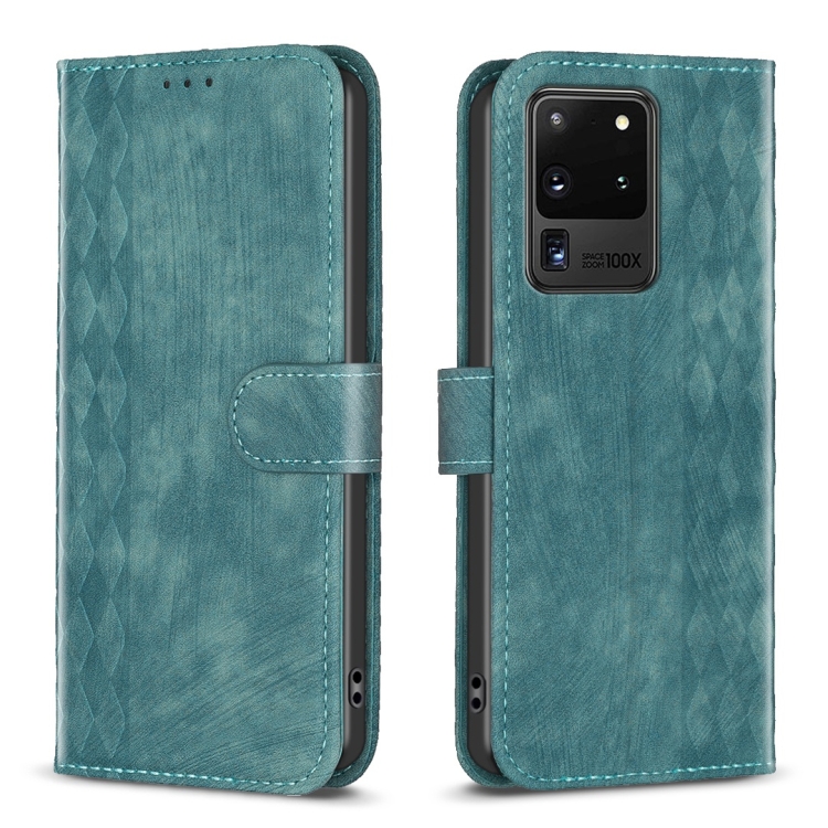 

For Samsung Galaxy S20 Ultra Plaid Embossed Leather Phone Case(Green)