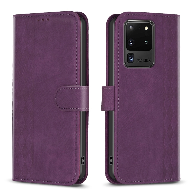 

For Samsung Galaxy S20 Ultra Plaid Embossed Leather Phone Case(Purple)