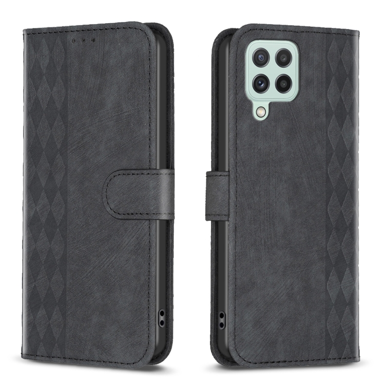 

For Samsung Galaxy A12 Plaid Embossed Leather Phone Case(Black)