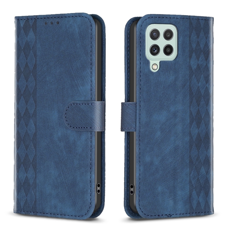 

For Samsung Galaxy A22 4G Plaid Embossed Leather Phone Case(Blue)