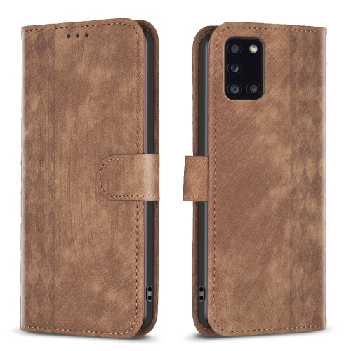 

For Samsung Galaxy A31 Plaid Embossed Leather Phone Case(Brown)