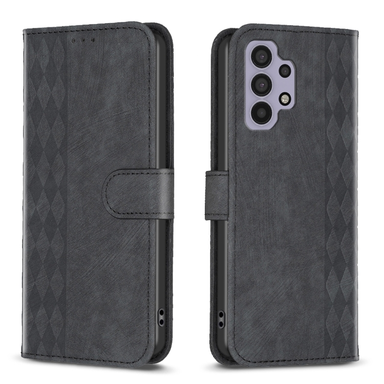 

For Samsung Galaxy A32 5G Plaid Embossed Leather Phone Case(Black)