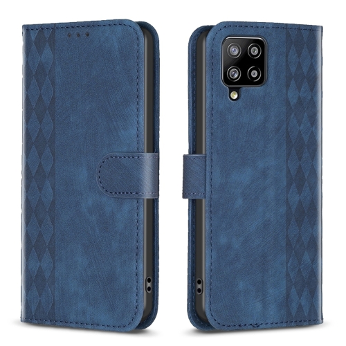 

For Samsung Galaxy A42 5G Plaid Embossed Leather Phone Case(Blue)