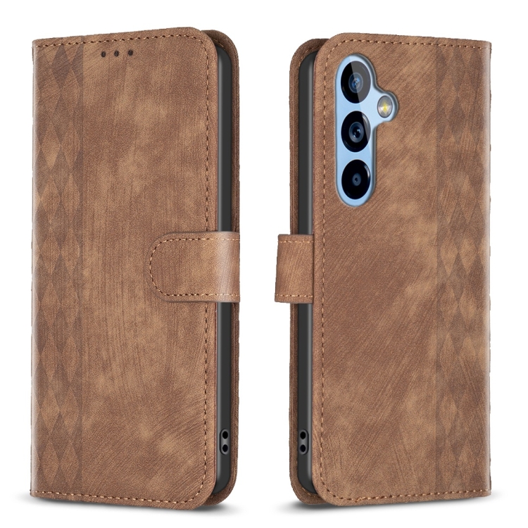 

For Samsung Galaxy A54 Plaid Embossed Leather Phone Case(Brown)
