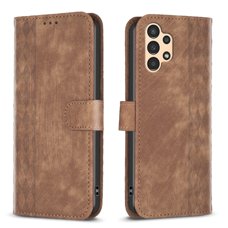 

For Samsung Galaxy A73 Plaid Embossed Leather Phone Case(Brown)