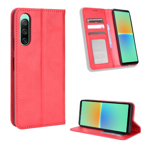 

For Sony Xperia 10 V Magnetic Buckle Retro Texture Leather Phone Case(Red)
