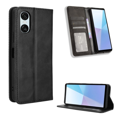 

For Sony Xperia 10 VI 2024 Magnetic Buckle Retro Texture Leather Phone Case(Black)