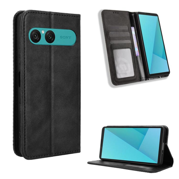 

For Sony Xperia 10 VII Magnetic Buckle Retro Texture Leather Phone Case(Black)
