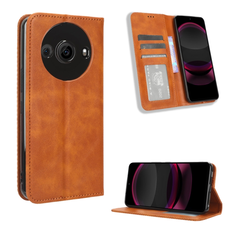 

For Sharp Aquos R8 Pro Magnetic Buckle Retro Texture Leather Phone Case(Brown)