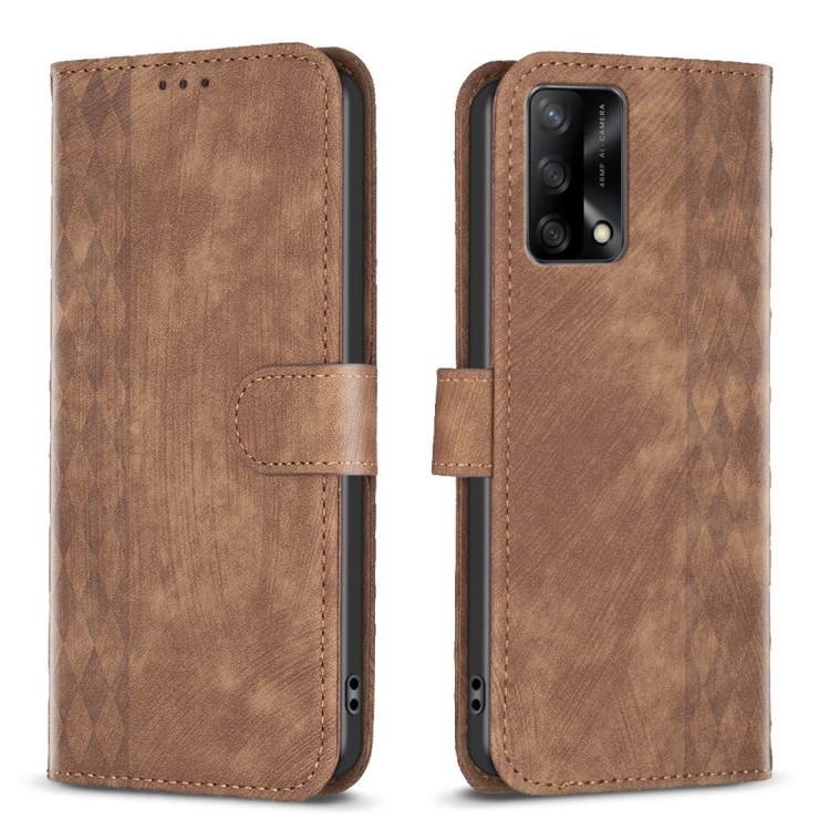 

For OPPO A74 4G / F19 4G Plaid Embossed Leather Phone Case(Brown)