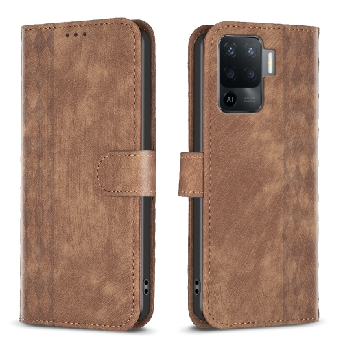 

For OPPO A94 4G / Reno5 F / F19 Pro Plaid Embossed Leather Phone Case(Brown)