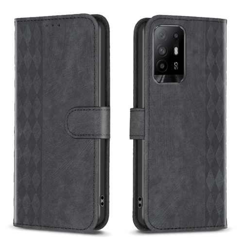 

For OPPO A94 5G / F19 Pro+ 5G Plaid Embossed Leather Phone Case(Black)