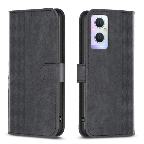 

For OPPO A96 5G / Reno7 Z Plaid Embossed Leather Phone Case(Black)