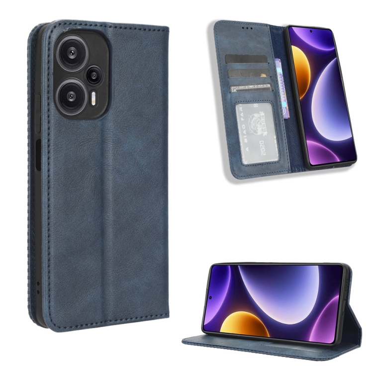 

For Xiaomi Poco F5 5G Magnetic Buckle Retro Texture Leather Phone Case(Blue)