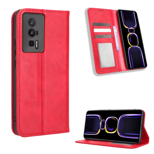 

For Xiaomi Poco F5 Pro / Redmi K60 5G Magnetic Buckle Retro Texture Leather Phone Case(Red)