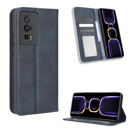 

For Xiaomi Poco F5 Pro / Redmi K60 5G Magnetic Buckle Retro Texture Leather Phone Case(Blue)