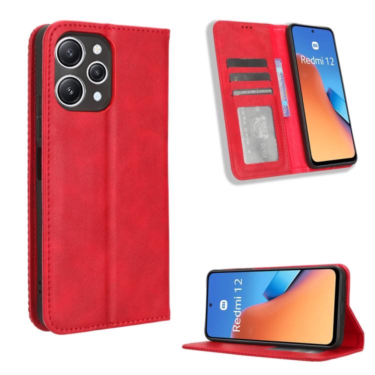 

For Xiaomi Redmi 12 4G Magnetic Buckle Retro Texture Leather Phone Case(Red)
