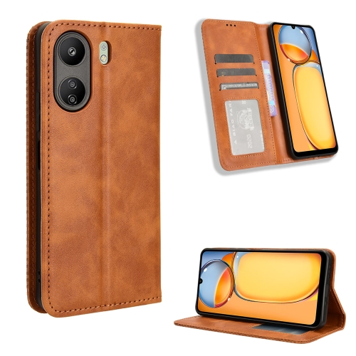

For Xiaomi Redmi 13C 4G / Poco C65 4G Magnetic Buckle Retro Texture Leather Phone Case(Brown)