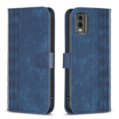 

For Nokia C32 Plaid Embossed Leather Phone Case(Blue)