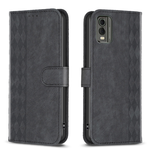 

For Nokia C32 Plaid Embossed Leather Phone Case(Black)