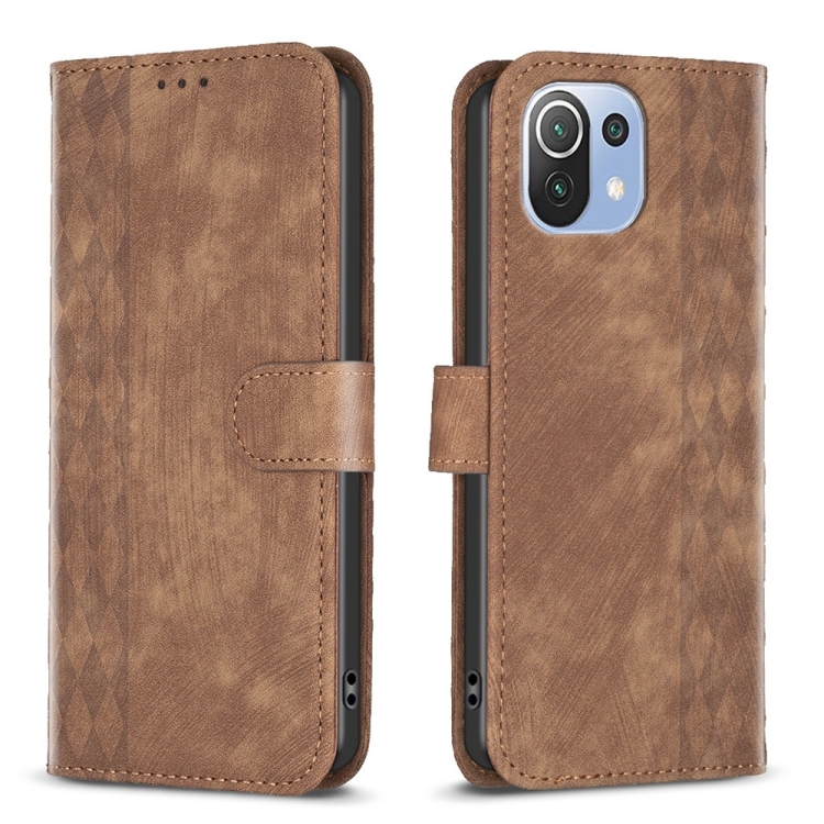 

For Xiaomi 11 Lite Plaid Embossed Leather Phone Case(Brown)