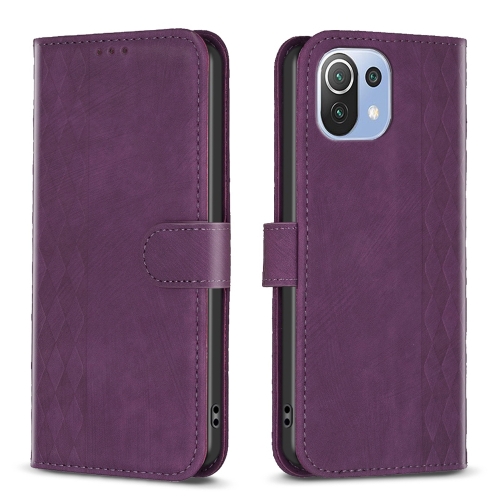 For Xiaomi 11 Lite Plaid Embossed Leather Phone Case(Purple)